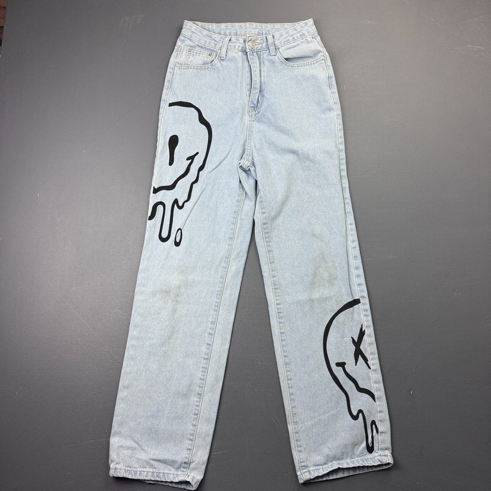 SHEIN Women's XS Blue Denim Jeans Light Wash Smiley Face Drip Graphic Y2K Jeans